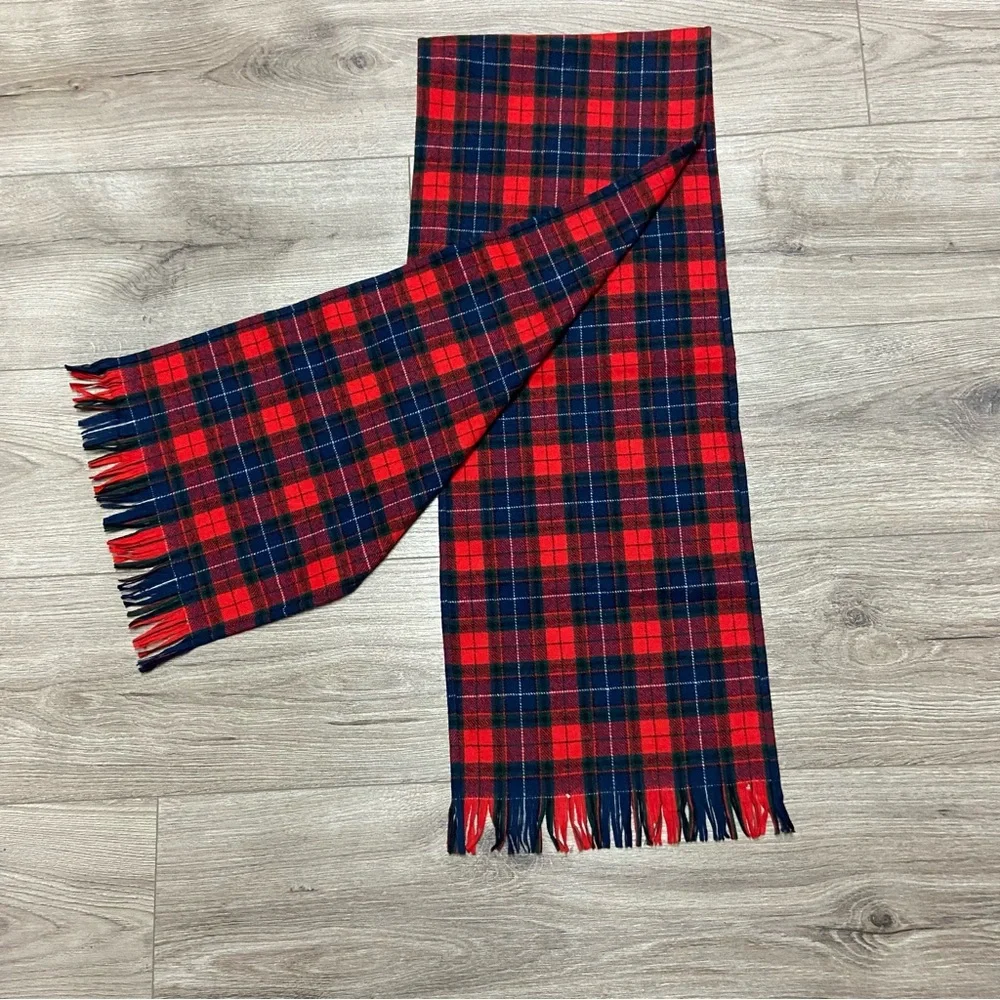 Vintage Pendleton Tartan Plaid Wool Scarf 1970s Made in USA Red and Blue